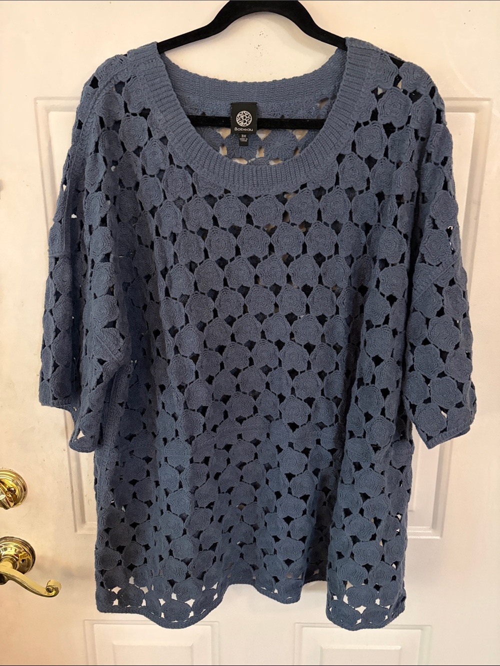 Bobeau Blue Crochet Open-Knit Scoop Neck Sweater